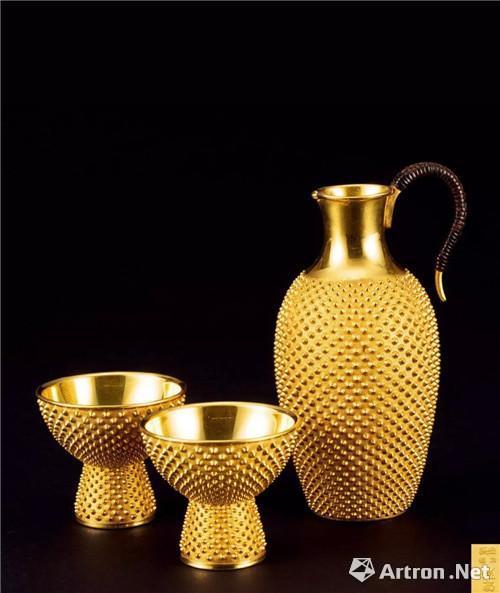 139 光南造 純金玉霰酒器一式(150-180萬JPY) 底款:純金 德力 光南 尺寸不一 共重400g