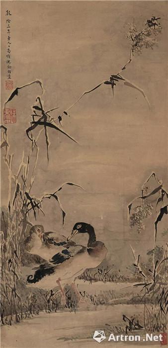 548 清 沈銓《指墨畫蘆雁圖》(20-30萬JPY)98.5×47.5 cm